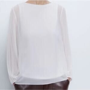 Zara White Chiffon Pleated Long Sheer Sleeve Blouse Size M